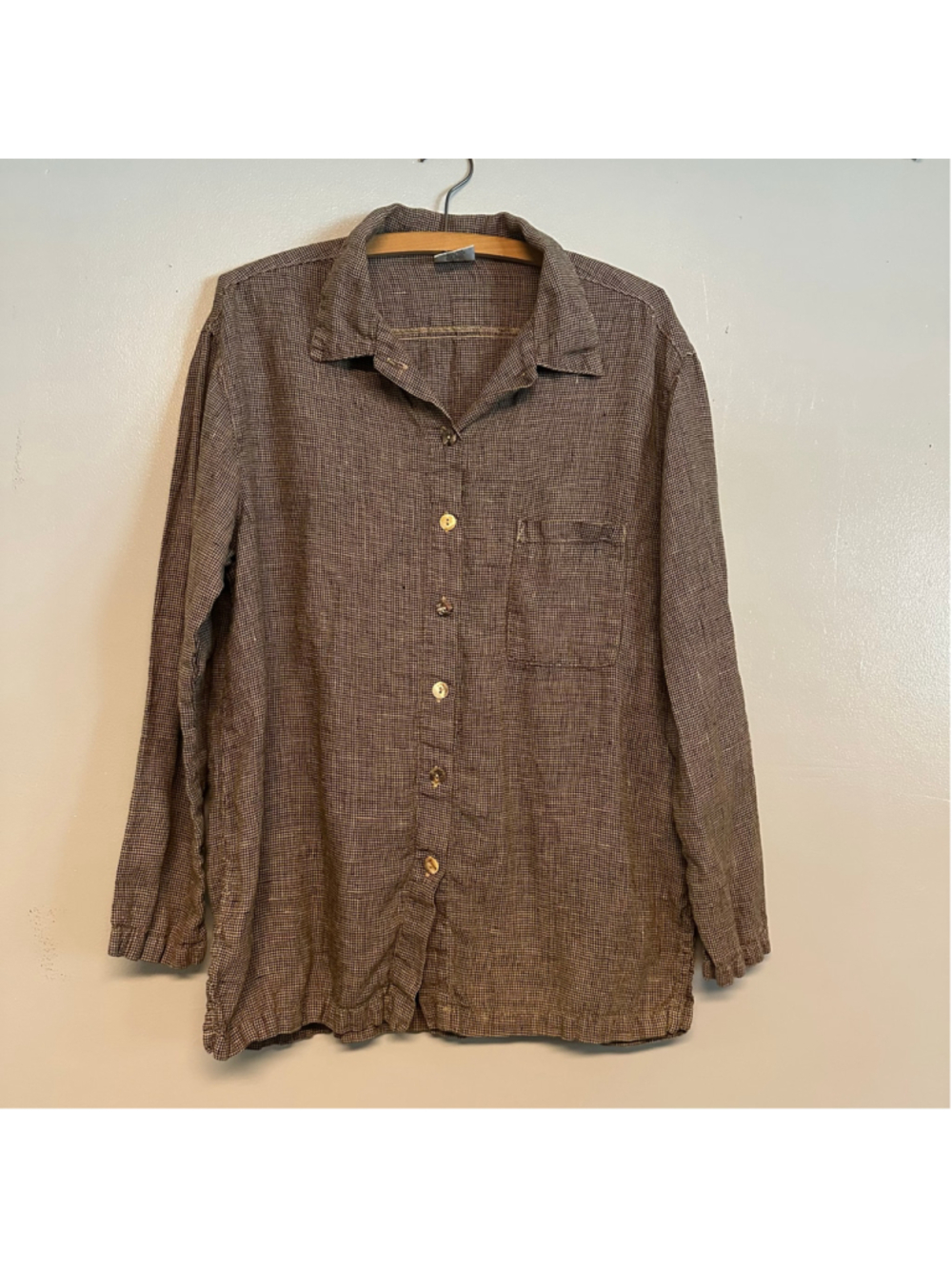 Vintage CLICK Brown Beige Plaid 100% Linen Button Down Shirt Size Small